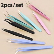 Resim 2 parça/set Tırnak Sanatı Paslanmaz Çelik Kavisli Düz Siyah Cımbız 3D Sticker Taşlar Manikür Aracı Pullar Boncuk 