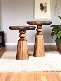 Resim ASELYA HOME Doğal Ahşap 2’li Set Mantar Yan Sehpa Modern Fiskos Zigon Çiçeklik 