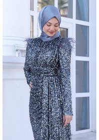 Resim Raika Moda Parıltılı Kol Tüy Detaylı Şura Tesettür Büyük Abiye Antrasit 