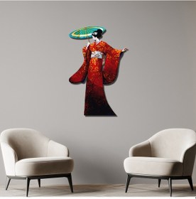 Resim Geisha Japon Sanat Tasarımlı Metal Duvar Dekoru Kırmızı Kimono Figürü 