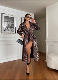 Resim 1Moda1Tarz Kadın İthal Kumaş Leopar Desen İnci İşlemeli Astarlı Kemerli Özel Tasarım Kaban 