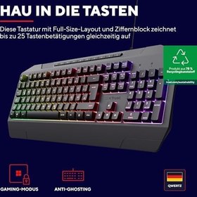 Resim Trust Gaming GXT 836 Evocx oyun klavyesi, Almanca QWERTZ düzenli,%78 geri dönüşümlü plastik, RGB aydınlatma, gölgeleme önleyici, medya tuşları, oyun klavyesi USB, bilgisayar/dizüstü bilgisayar için, 
