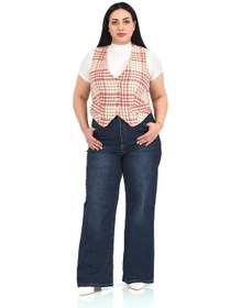 Resim Büyük Beden Düğme Kapamalı Cep Kapaklı Astarlı Kısa Kareli Kiremit Yelek Kiremit 