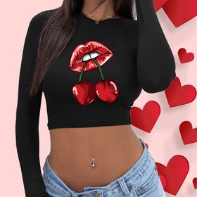 Resim Kadınlar İçin Yüksek Esneklikli Kısa Kollu Tişört - Kiraz Dudakları ve Meyve Desenli Crop Top, Siyah Yuvarlak Yaka Günlük Kazak, Makinede Yıkanabilir Her Mevsim Moda Üst, Rahat Giyim, Eğlenceli Tasarım, Yumuşak Kumaş, Kazak Stili 