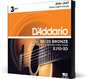 Resim D'Addario EJ10-3D 80/20 Bronze Akustik Gitar Teli - Extra Light (10-47) (3'lü Paket) 
