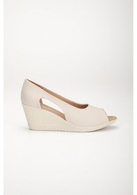 Resim Dilimler Ayakkabı Dolgu Taban Burun Açık Pencereli Ortopedik Suni Deri Bej Kadın Dolgu Topuk Ayakkabı-2788-bej 