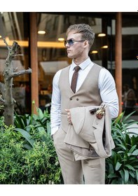 Resim Bys Beystil Erkek Mono Yaka Krem Takım Elbise Porche - Slim Fit 
