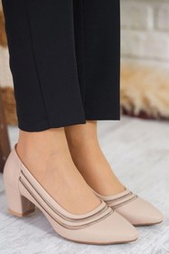 Resim Cudo Krem Kalın Topuklu Şerit Tüllü Yumuşak İç Tabanlı Ayakkabı 