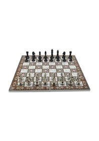 Resim Gifthome Premium Black Metal Klasik Satranç Takımı Ve Katlanır Sedef Desenli Mdf Tahtası 43x43 Cm. 