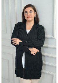 Resim By Saygı Kadın Kol Düğme Detaylı Kalın Fitilli Likralı Büyük Beden Uzun Hırka-41847 Siyah 