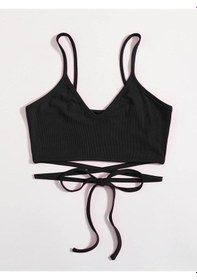 Resim Liona V Yaka Askılı İpli Siyah Renk Fitilli Super Crop Top Büstiyer Siyah 
