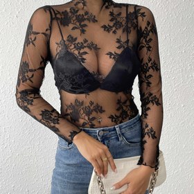 Resim 1 adet Kadın Şeffaf Dantel Üstü, Rüfle Süsleme, Yüksek Yaka, Uzun Kol, Tek Renk, Polyester Knit Kumaş, Tüm Mevsimler için Çok Yönlü 