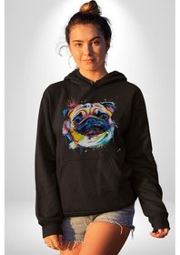 Resim Sulu Boya Pug Köpek Kadın Erkek Siyah Kapüşonlu Sweatshirt Hoodie Siyah 