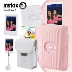 Resim Instax Mini Link 2 Toz Pembe Yazıcı 20li mini Film Deri Kılıf Albüm Çerçeve ve Kıskaçlı Stand 