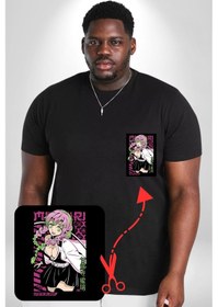 Resim Angemiel Anime Demon Slayer Kimetsu No Yaiba Mitsuri Kanroji Siyah Büyük Beden Kadın Basic Minimal Baskılı Tişört Siyah 