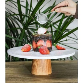Resim Ahşap Ayaklı Doğal Mermer Kek Standı, 28 Cm, Şık ve Kullanışlı Sunum Ürünü 