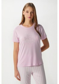 Resim Ritnice Kadın Time Yumuşak Doku Pembe Çizgili Bisiklet Yaka Kısa Kollu Alt Üst Pijama Takımı Pembeekru Çok Renkli 