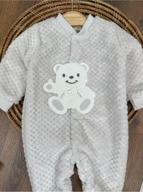 Resim 101 Dalmaçyalı Peluş Ayıcık Nakışlı Patikli Çıtçıtlı Kışlık Erkek Bebek Tulum Gri 