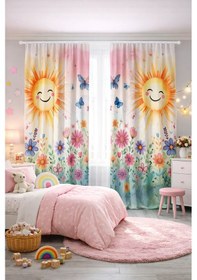 Resim Bebek Çocuk Odası Çift Kanatlı Fon Perde Gülen Güneş Çiçek Ve Kelebek Desenli 