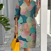 Resim Kadınlar için Bol Kesim Yedi Kollu V-Yaka Vintage Tarzı İlkbahar/Yaz Moda Elbiseleri 