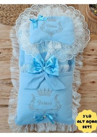 Resim 3'lü Mavi Erkek Bebek Alt Açma Kundak Yastıklı Yenidoğan Alt Açma Minderi Organizer Bebek Yatağı 