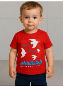 Resim Zekids Erkek Bebek Pamuklu Kuş Baskılı T-shirt-16124 Kırmızı 