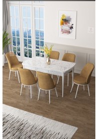 Resim Canisa Concept Zen Serisi 80x132 Mdf Açılabilir Beyaz Mermer Desen Masa Takımı Ve 6 Cappucino Sandalye Masa Beyaz/sandalyeler Cappucıno 