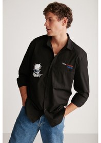 Resim Grimelange Mılton Erkek Regular Fit Standart Kesim %100 Pamuk Kalın Dokulu Baskı Ve Yazı Nakışlı Siyah Gömlek 