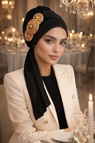 Resim Aişe tesettür Siyah Gold Aksesuarlı Abiye Atkılı Bone 