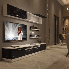Resim Decoraktiv Trendstyle 5220 Mdf Tv Ünitesi Tv Sehpası Beyaz Siyah Mermer 