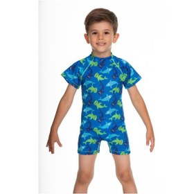 Resim Uv Korumalı Tulum Kısa Kollu Şortlu Çocuk Bebek Yüzücü Mayo C64 Shark Köpek Balığı Lacivert 