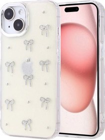 Resim İphone Uyumlu 15 Telefon Kılıfı Şeffaf Simli Tasarım Kapak Fiyonk, Kiraz, Yıldız, Lale Desenli 