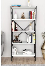 Resim Dekoratif 5 Raflı Kitaplık Metal Kitaplık Beyaz 