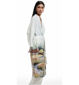 Resim Koton Viskon - Pamuk Kumaş Kuşak Detaylı Desenli Uzun Kimono Yeşil Desenli 5sak50037uw Yeşil Desenli Yeşil 