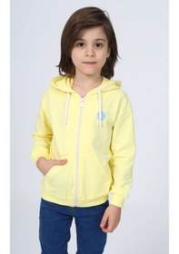 Resim Toontoy Kids Toontoy Erkek Çocuk Kapüşonlu Fermuarlı Cepli Düşük Omuz Baskılı Örme Hırka - 3 İplik Şardonsuz Sarı 