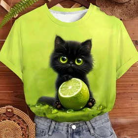 Resim Kadın Limon Baskılı T-Shirt - Sevimli Siyah Kedi ve Limon Tasarımı, Yaz için Nefes Alabilen Yuvarlak Yaka Kısa Kollu Tee, Günlük Kıyafet için Rahat Moda Üst, Kedi T-Shirt 