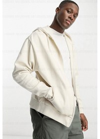 Resim Tarzsokak Erkek Ekru Kapüşonlu Fermuarlı 3 Üç İplik Polar Kanguru Oversize Salaş Sweatshirt Beyaz Beyaz 