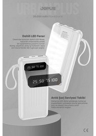 Resim Jopus 20000mah Powerbank Dahili Kablolu, Lcd Ekranlı, Led Lambalı, Taşınabilir Şarj Cihazı Beyaz 