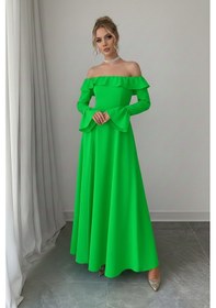 Resim Defymoda Kadın Modern Kesim Fırfır Detaylı Elbise Yeşil 