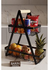 Resim İki Katlı Metal Telli Mutfak Düzenleyici Raf Organizer Meyve, Atıştırmalık, İçecek Ve Sebze Standı Siyah 