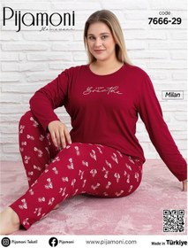 Resim Pijamoni Kadın Milan Büyük Beden Bisiklet Yaka Uzun Kol İnce Pijama Takımı 7666/29 - 1 Adet Kırmızı 