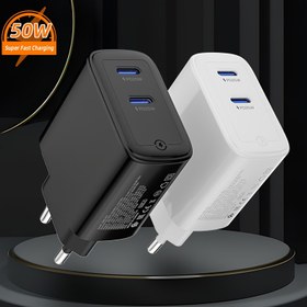 Resim 50W Süper Hızlı Şarj Çift USB-C Güç Adaptörü EU Fişi ile - iPhone, iPad, Xiaomi, Samsung için Verimli Düşük Sıcaklık Şarjı | Seyahat ve Ofis Kullanımı, 100-240V Evrensel Voltaj, Seyahat Şarj Cihazı | Kompakt Şarj Cihazı | Verimli Şarj 