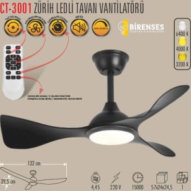 Resim Zürih Ledli Tavan Vantilatörü / Siyah Kasa / 3 Renk Işık / Cata 