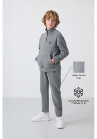 Resim Tommylife Tommy Life Gri Melanj Kalın Yumuşak Dokulu Standart Fit Nakışlı Polar Erkek Çocuk Eşofman Takım - 11218 Gri Melanj 
