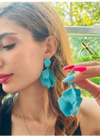 Resim Yaprak Tasarım Kadın Küpe 7 Cm Mavi 