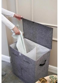Resim Digithome Keçe İki Bölmeli Deri Detaylı Katlanır Çamaşır Kirli Sepeti Dikdörtgen Gri 105598 C1-1-152 Diğer 