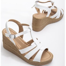 Resim Kadın Dolgu Topuk Sandalet Ayakkabı Beyaz 3 Bantlı Baretli-3938 Beyaz 