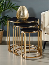 Resim Lenka Zigon Sehpa Takımı Yuvarlak 3'lü Gold Metal - Siyah Aynalı Temperli Kırılmaz Cam Sedaş-lenka Siyah 