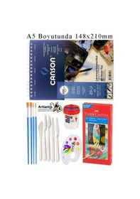 Resim Canson Çok Amaçlı Sanatsal Blok A5 200 Gr 20 Yaprak 1 Adet 12 Renk Sulu Boya Fırça Palet Spatula Fırça Temizleme Kabı 