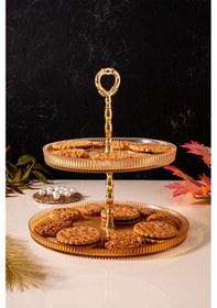 Resim Mest Lüsterli 2 Katlı Cam Pasta Tabağı 21 Cm Lüsterli 